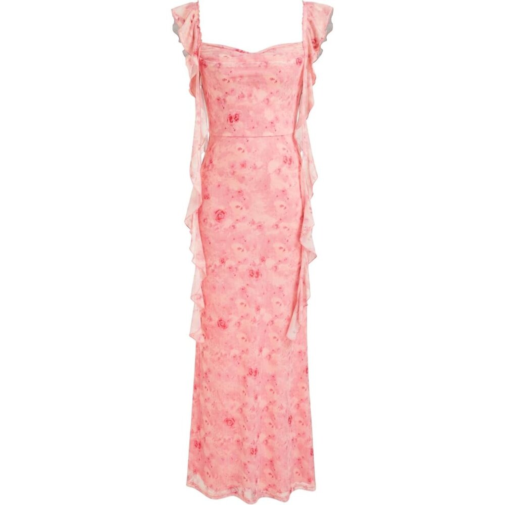 Women's Floral-Pink Wedding Guest Dresses Summer Maxi Dress Sleeveless Mesh